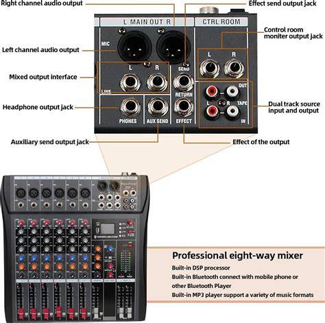 DJ mixer RCA USB mikrofon csatlakozások